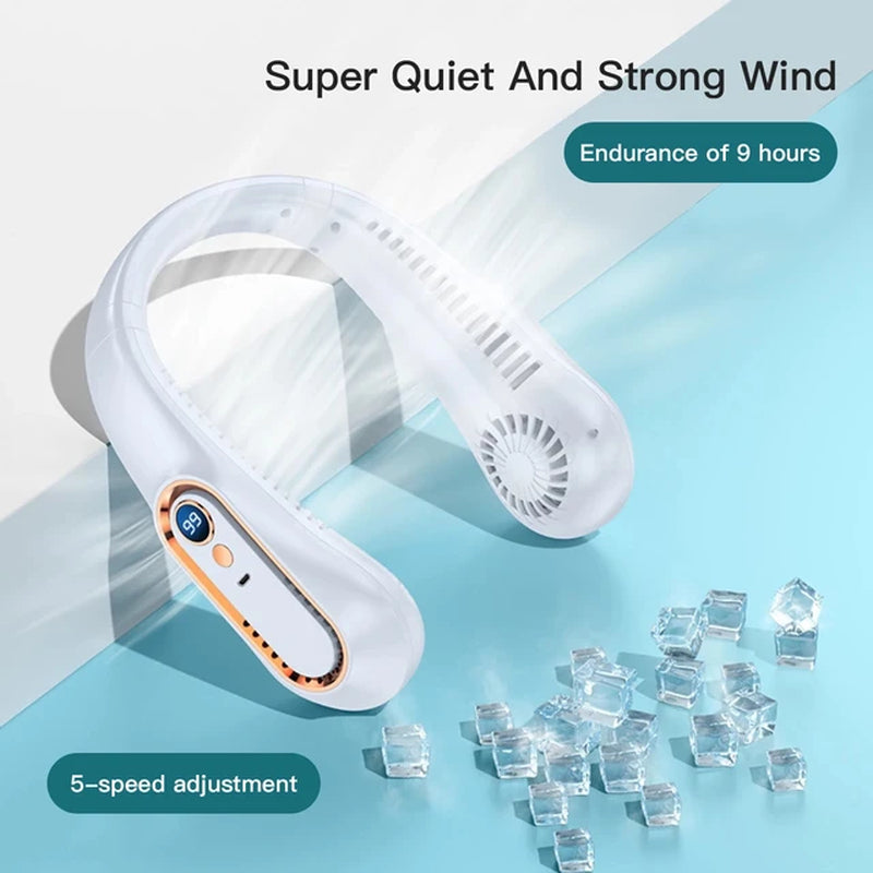 Bladeless Neckband Fan – Portable, USB Rechargeable, Digital Display