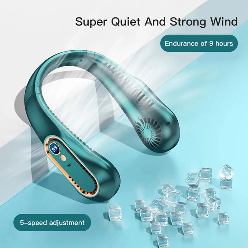 Bladeless Neckband Fan – Portable, USB Rechargeable, Digital Display