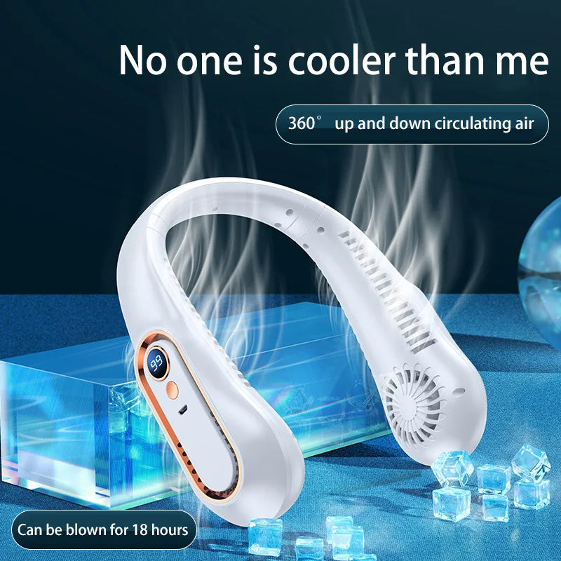 Bladeless Neckband Fan – Portable, USB Rechargeable, Digital Display